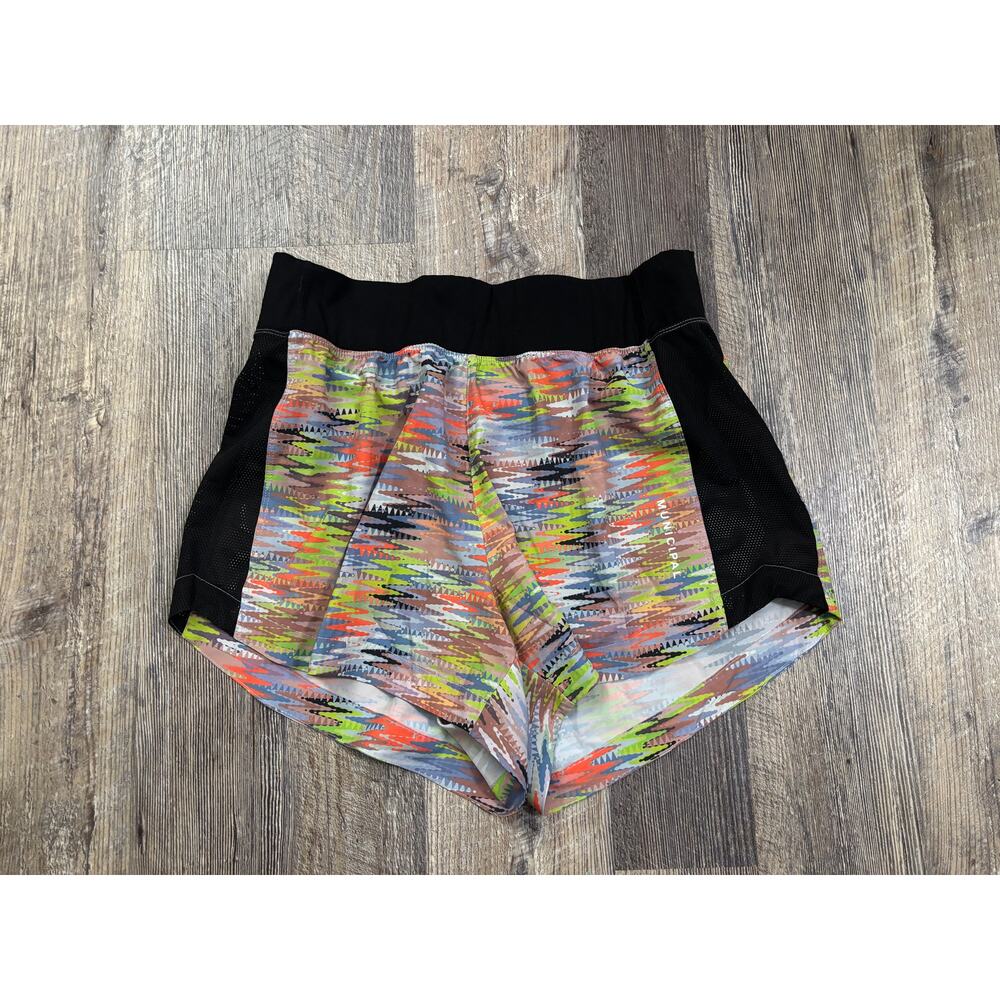 Municipal Womens Multi Color Abstract Printโ Running Shorts Mesh Panels Size M